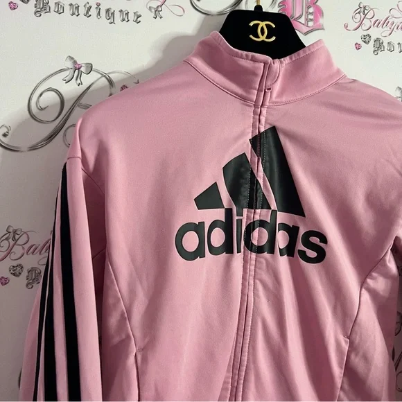 Adidas tracksuit top sweater zip up pink striped classic on arms bubblegum pink - Picture 9 of 10